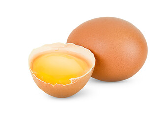 whole raw egg and broken on a white isolated background