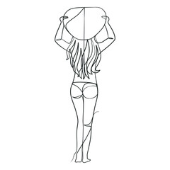 Continuous line drawing of a surfer girl with a surfboard
