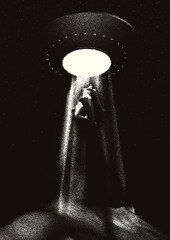 Alien spaceship kidnapping a human with the abduction ray. Retro styled poster with woman or man taken by the ufo or flying saucer. Sci-fi illustration in 50s style - obrazy, fototapety, plakaty