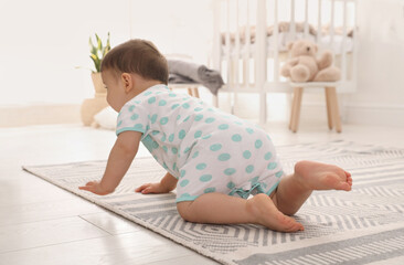 Fototapeta premium Cute baby crawling on floor at home, back view