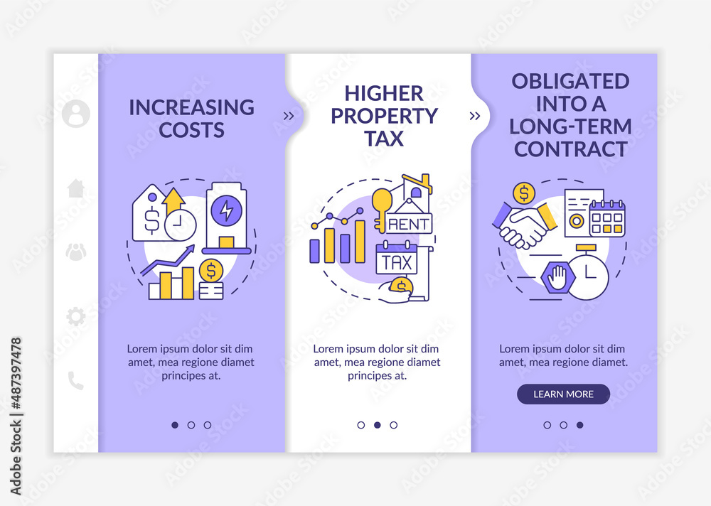 Poster disadvantages of ppa purple and white onboarding template. project flaws. responsive mobile website 