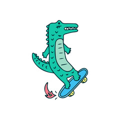 Cool crocodile riding a skateboard, illustration for t-shirt, sticker, or apparel merchandise. With doodle, retro, and cartoon style.