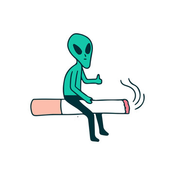 Cool alien character ride a cigarette, illustration for t-shirt, sticker, or apparel merchandise. With doodle, retro, and cartoon style.