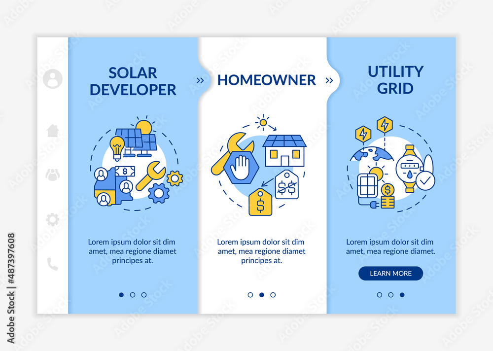 Poster power purchase agreements provide blue and white onboarding template. responsive mobile website with