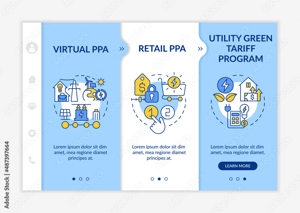 Poster types of ppa blue and white onboarding template. contract terms definitions. responsive mobile websi