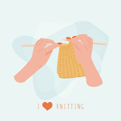 Women’s hands knitting something. Concept of handmade workshop. Leisure and hobby time. Creativity concept. Vector illustration