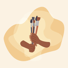Teachers hands holding a bunch of paintbrushes. Concept of variety art supplies. Artistic lifestyle, handmade workshop, art school and shop. Painting tutorial. Vector illustration