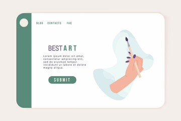 Hands holding paintbrushes web banner or landing page. Handmade workshop or art school. Young artists shop or tutorial. Isolated ready vector illustration.