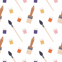 Seamless pattern with art tools. Background, backdrop, texture for art school, art shop, handmade workshop. Ready for wrapping paper, decoration, scrapbooking and design. Vector illustration.