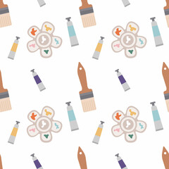 Background for craft design and creativity. Seamless pattern with art tools for handmade workshop, art studio, shop. Ready for wrapping paper, decoration, textile, scrapbooking. Vector illustration
