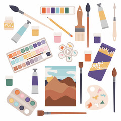 Set of hand drawn stickers with art supplies. Paint brush, pencil, tubes, paints, palette.  Concept of creativity and handmade. Hobby at home or at art studio. Hand drawn design elements
