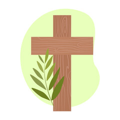 Wooden cross decorated with a green branch. Easter
