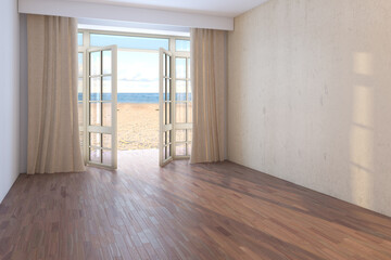 Obraz premium Hotel with Sea View. Empty Room with Open Windows Overlooking the Ocean, Yellow Sand and the Clouds. Dark Parquet, Beige Curtains and Beige Stucco Wall. 3D Rendering, 8K Ultra HD, 7680x5121