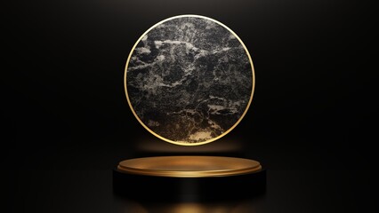 3D Illustration Rendering Black Marble Clean Modern Cosmetic Luxury Golden Podium Stand Present Exhibition Showcase Gallery Promotion Sale New Product Opening Minimal Circular Decorative Platform
