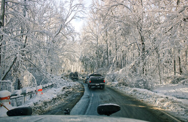 Vehicle Stuck in Snow on a Busy Route 1 Road After a Winter Snow Storm