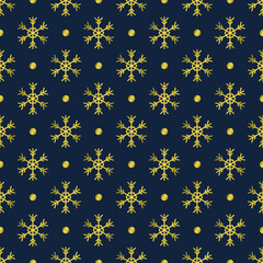 Seamless pattern with golden snowflakes on a dark blue background. Flat style geometric design for packaging and print. Vector.