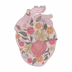 A healthy human heart in blooming flowers. Health concept. Vector illustration. Isolated element on a white background.
