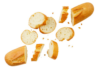 Baguette sliced falling on a white background, cut. Isolated
