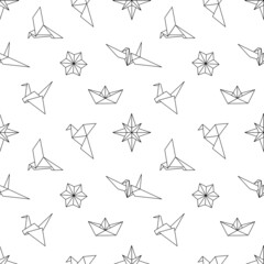 Seamless pattern with Origami figures star, birds, ship in line style.	Black and white vector illustration on white background