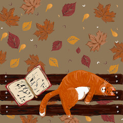 A ginger cat is sleeping on a bench against a background of autumn foliage, next to the cat is an open book. View from above. Vector illustration. Autumn concept