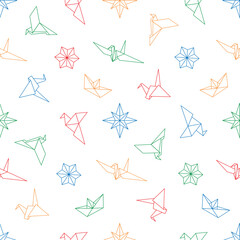 Obraz premium Seamless pattern with Origami figures star, birds, ship in line style. Color vector illustration on white background