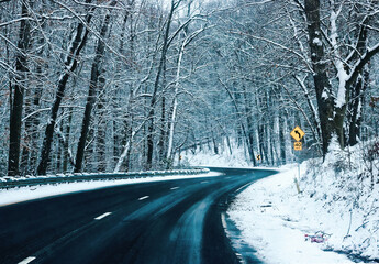 Winter Snow Storm on a Curvy Road with Snow Covered Trees