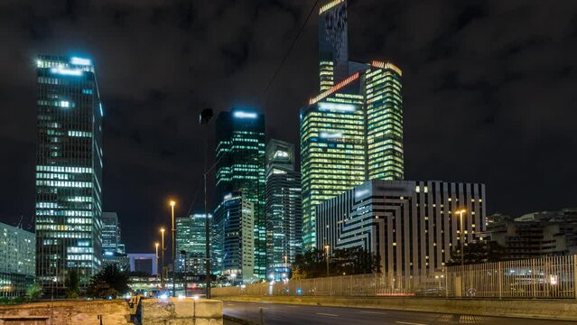 Traffic at Night From La Defense Business District Paris Lights Buildings