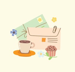 Vector Collection of different envelopes with mail, postmarks and postcards illustrations, handmade cards in the flat style isolated.