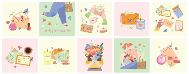 Spring is in the air. Cute girl holding a bouquet of flowers. Vector stock illustration. Design for the holiday of spring, birthday, diary.