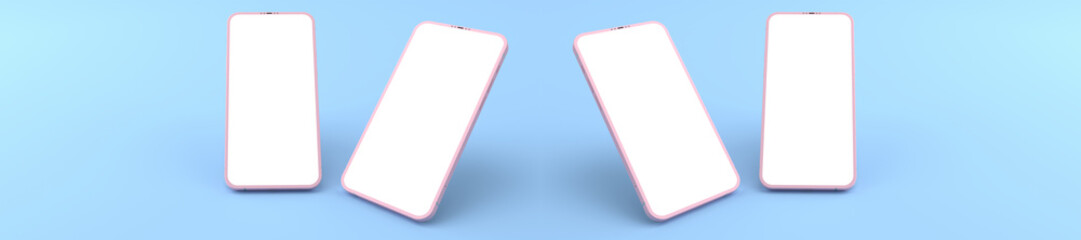 3D rendering of mockups pink Smartphone white screen on blue floor, Pink Mobile phone lay down on the ground. Smartphone white screen can be used for commercial advertising,Isolated on blue background