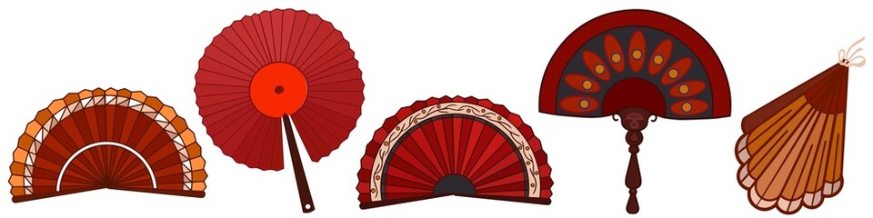 A set of red fans of different shapes. Isolated items on a white background. vector