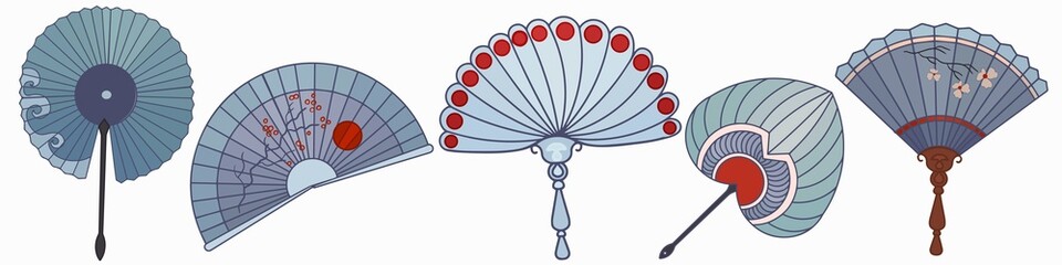 A set of accessories of oriental culture. Fans of different shapes on a white background. Isolated objects. Vector
