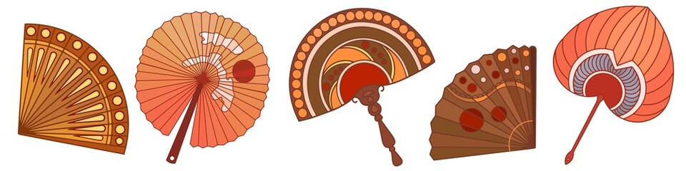 A fan of different shapes is an oriental accessory for a geisha. Isolated items on a white background. Vector