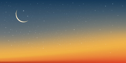 Obraz na płótnie Canvas Islamic greeting Ramadan Kareem card design background with Crescent moon on dusk sky background,Vector Milky Way with Starry,Beautiful sunset,Religions symbolic of Islamic, Muslim for Eid Mubarak