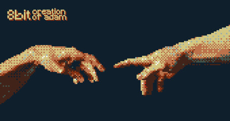 Reaching hands 8 bit style design concept vector illustration isolated on black background.