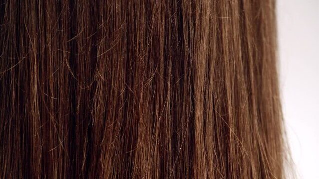 Closeup of woman's brown hair, on which small drops fall. Long brown female hair covered with dew. Concept of hairdresser and fashion