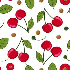 Seamless pattern of red cherry fruits with leaves and pits
