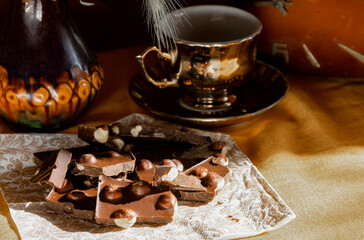Hot morning coffee with chocolate in vintage style