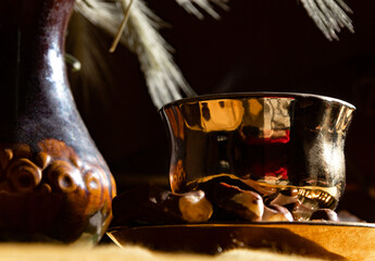 Hot morning coffee with chocolate in vintage style