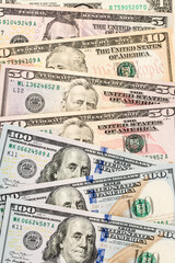 Money US dollars banknotes, a lot of different money. Bitcoin exchange for dollar inflation. Worldwide cryptocurrency and digital payment system. Availability