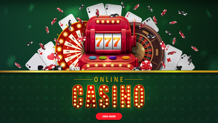 Online casino, green banner with button, slot machine, Casino Wheel Fortune, Roulette, falling poker chips and playing cards.