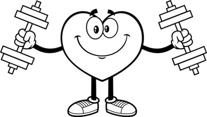 Outlined Smiling Heart Cartoon Character Training With Dumbbells. Vector Hand Drawn Illustration Isolated On White Background