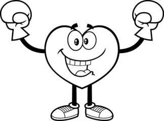 Outlined Happy Heart Cartoon Character Wearing Boxing Gloves. Vector Hand Drawn Illustration Isolated On White Background