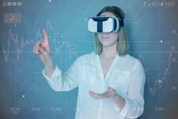 Investments. Young woman investor buys stocks on the stock exchange stock market from home. Generation z invests budget analyzes income of digital money. Cryptocurrency trading. Investor freelancing