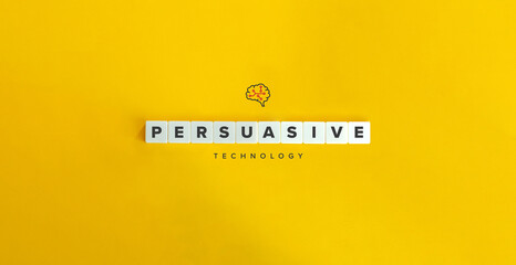 Persuasive Technology Banner and Brain Icon. Letter Tiles on Yellow Background. Minimal Aesthetics.