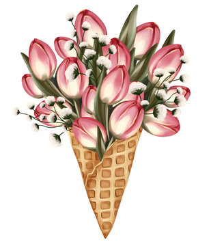 Ice cream horn with tulips flowers bouquet. Hand drawn floral illustration