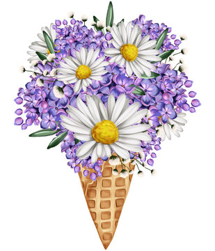 Ice cream horn with daisies and lilacs flowers bouquet. Hand drawn floral illustration