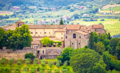 Fototapeta na wymiar Medieval town Todi on the hill Italy, tourist tourism. Ancient cities of Europe, beautiful landscape panoramic view. Fortifications of medieval Italy.