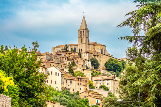 Medieval town Todi on the hill Italy, tourist tourism. Ancient cities of Europe, beautiful landscape panoramic view. Fortifications of medieval Italy.