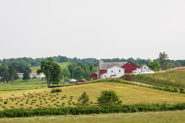 Farmland Countryside, Green Fields with Small Hay Bales and an Amish Farm Homestead in Background